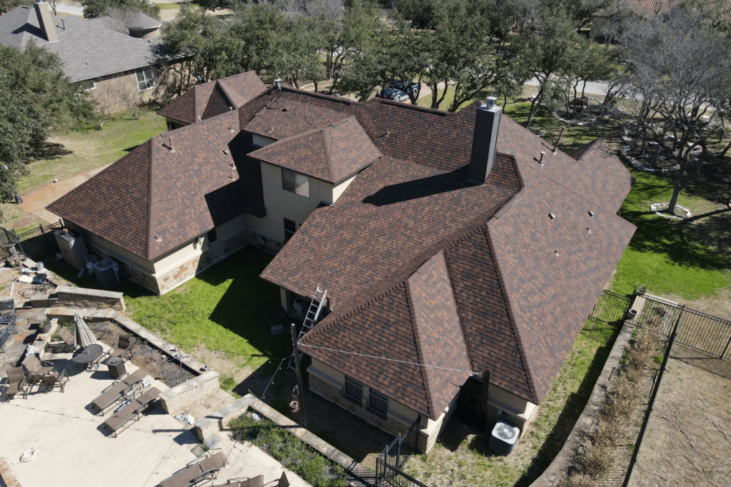 Aerial view of a Michigan home getting a roof replacement