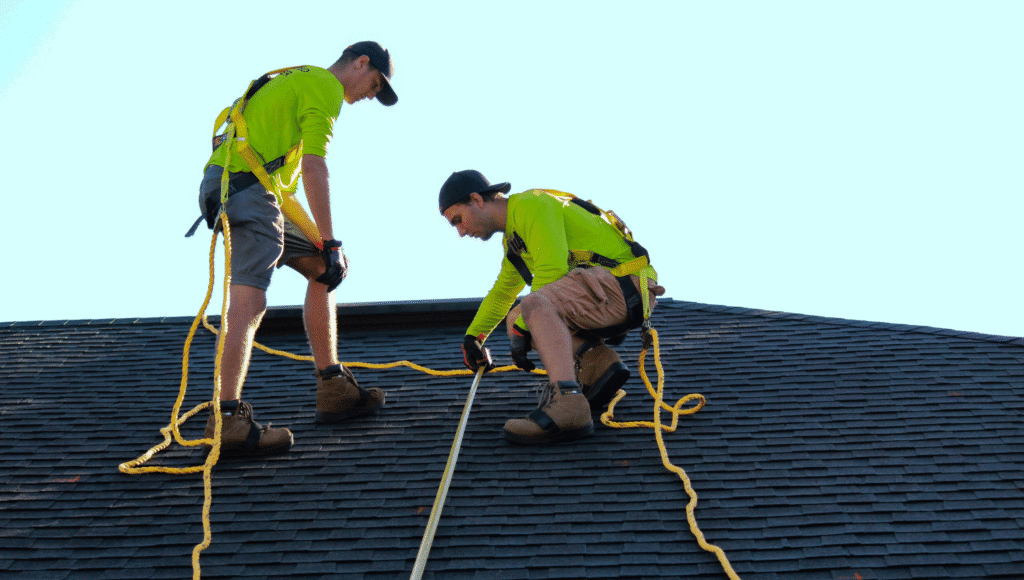 Two guys inspecting a residential roof in Michigan